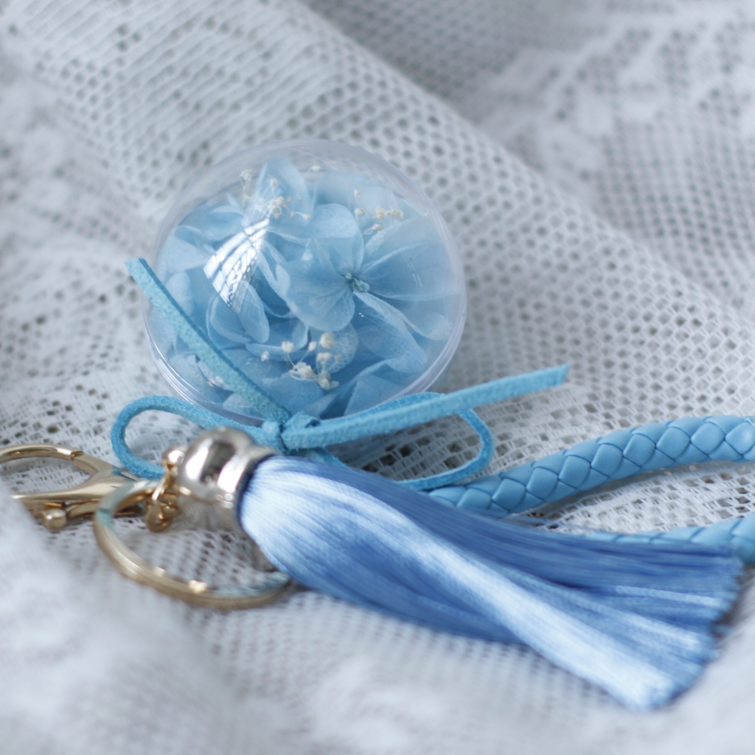 Hydrangea Bag Charm with Woven Strap and Tassel